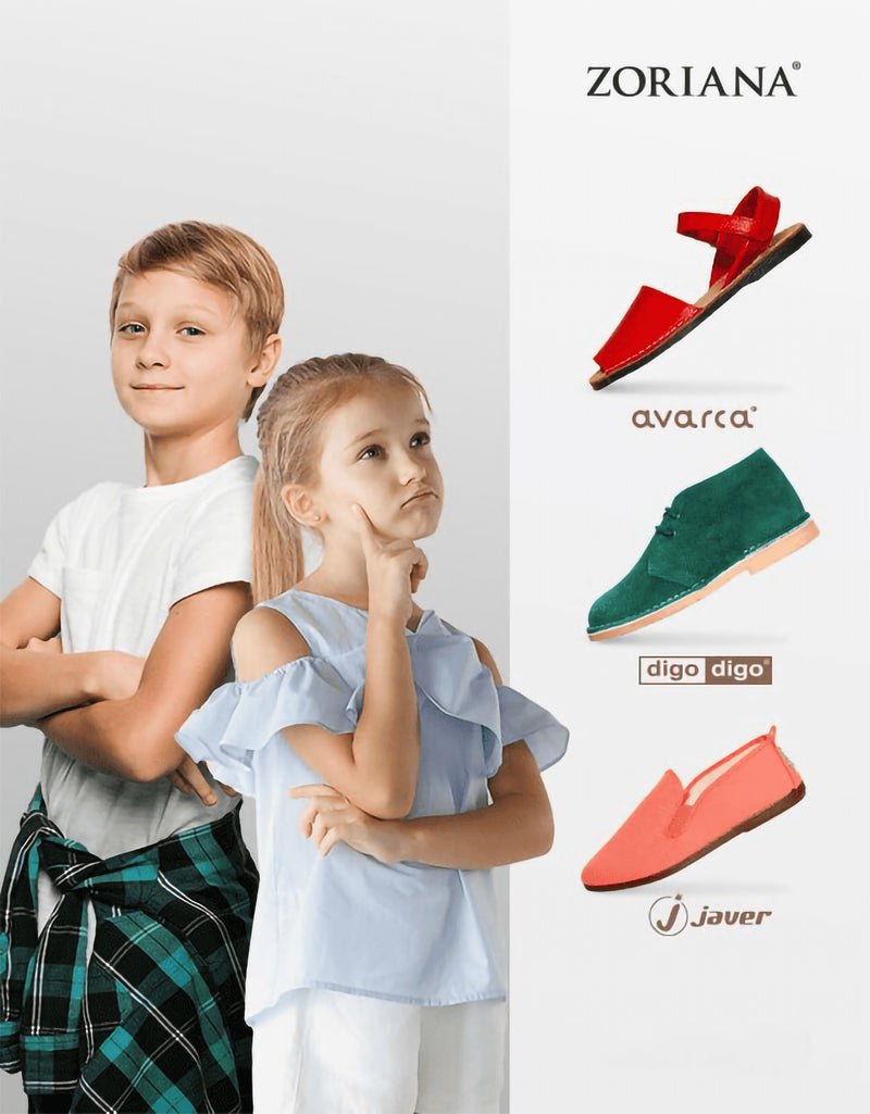 Spanish kids shoes by ZORIANA - Avarca red sandals, Digo Digo green shoes, Javer slip-ons - authentic handmade footwear from Spain for children