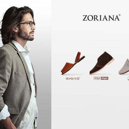 ZORIANA men's footwear collection – stylish man in blazer next to Avarca sandals in tan, Digo Digo brown suede shoes, and Javer beige slip-ons.