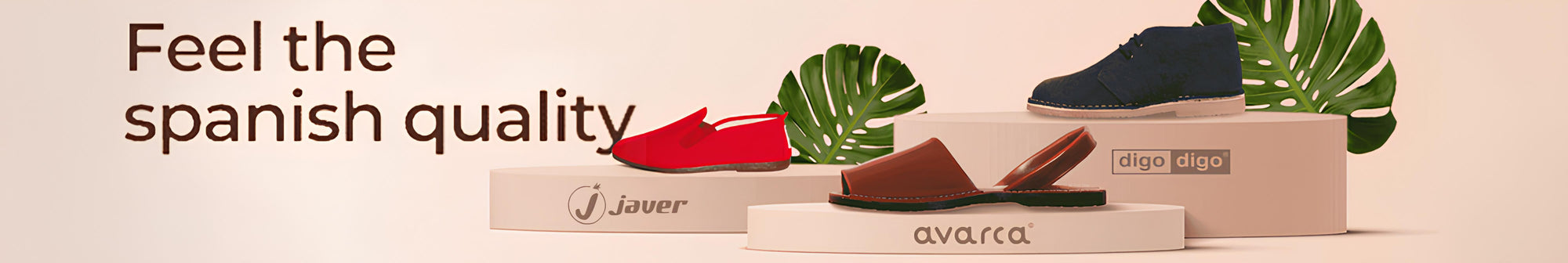 Spanish shoes banner – Javer red slip-on, Avarca leather sandals, Digo Digo navy boots – authentic handmade footwear from Spain