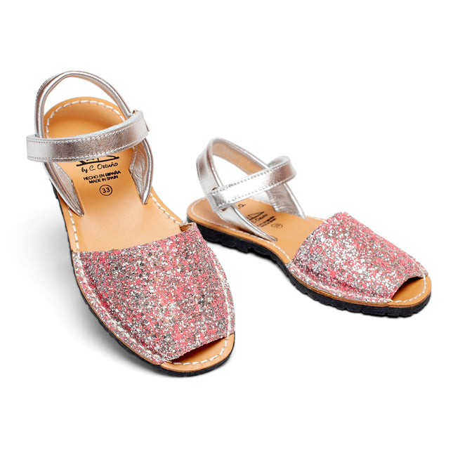 Avarca Glitter Leather Pink Silver Sandals for Girls